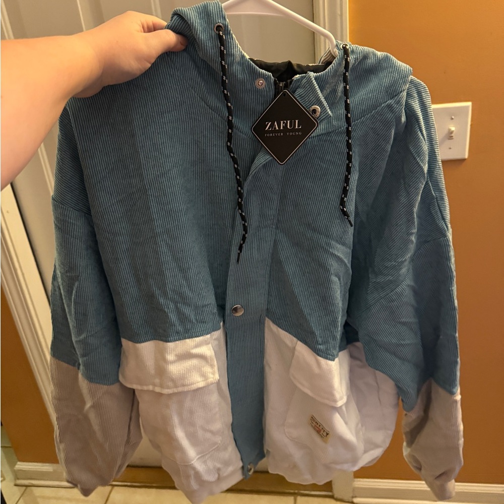Zaful Teal and Cream Corduroy Jacket